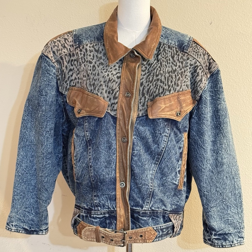 Vintage 80s Acid Wash Denim Leather Leopard Belted Moto Jacket L Rockabilly